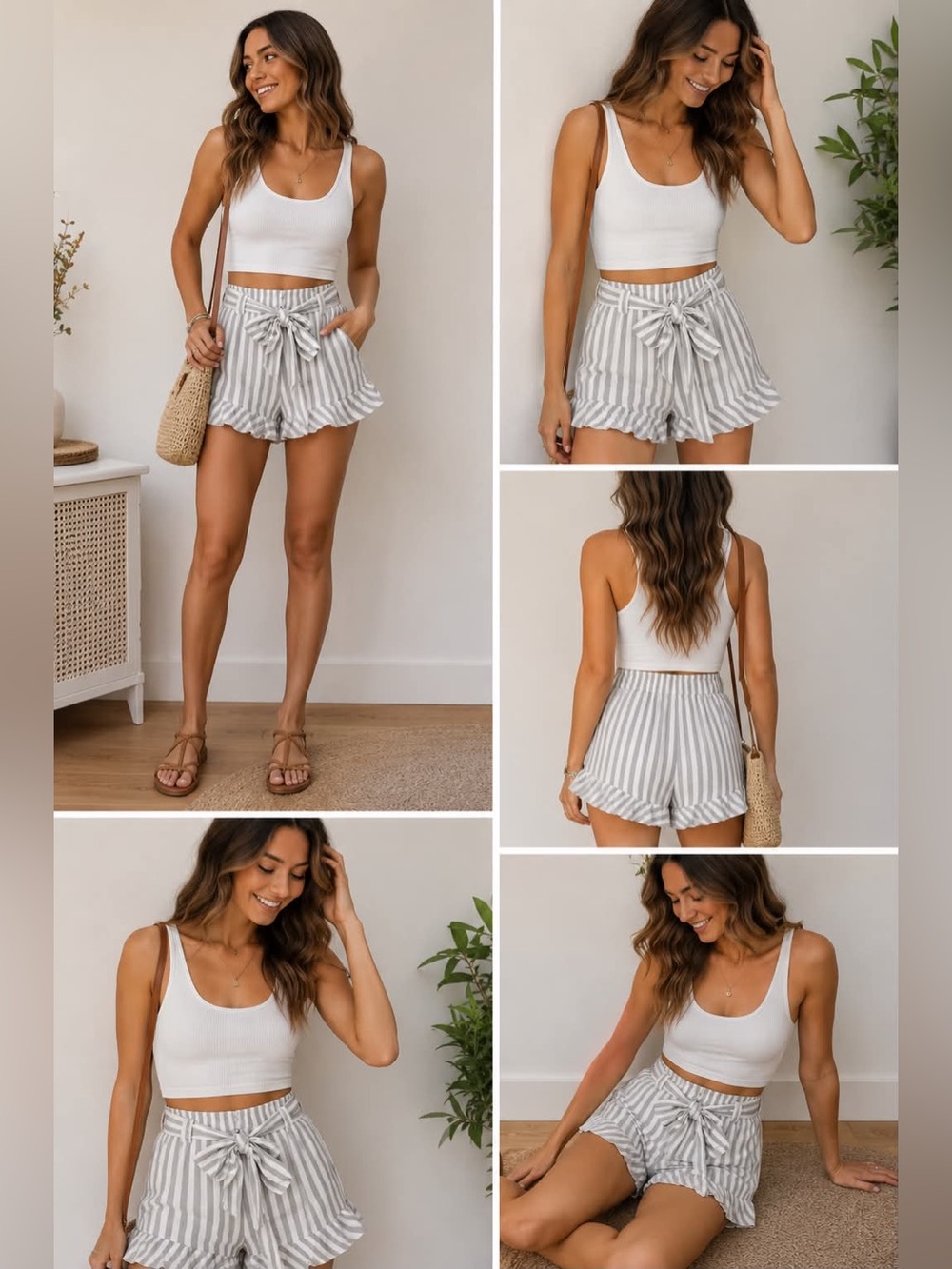 High-Waist Ruffle Hem Striped Shorts - White & Gray